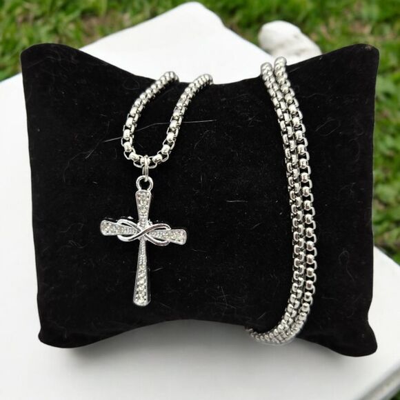 Rhinestone Infinity Cross Pendant Women's Silver Stainless Steel Necklace Gift - Picture 1 of 9